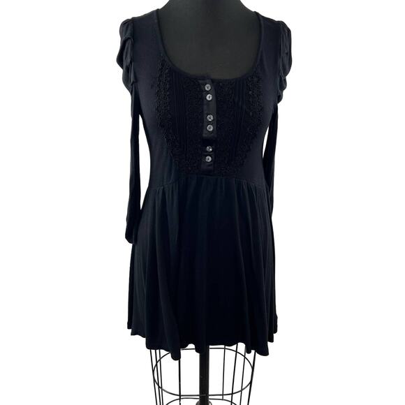 FREE PEOPLE Black Scoop Neck Long Puff Sleeve Boho Fit Flare Mini Tunic Dress S - Picture 1 of 11
